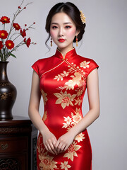 Luxury Silk Qipao with Gold Flowers Generative AI