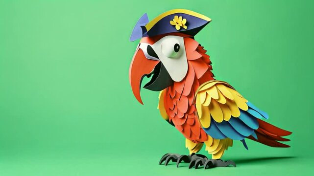 A colorful paper craft parrot wearing a pirate hat against a green background.