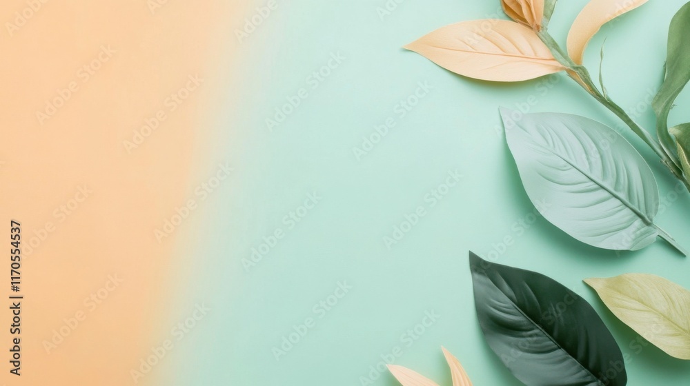 Poster soft gradient background with varying leaves arranged artistically and harmoniously in light green a