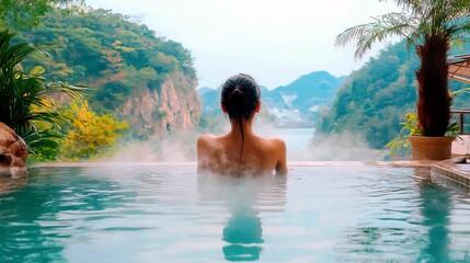Tranquil Escape: Woman Relaxing in Hot Spring with Scenic Mountain View and Lush Greenery Surrounding Serene Outdoor Spa Environment