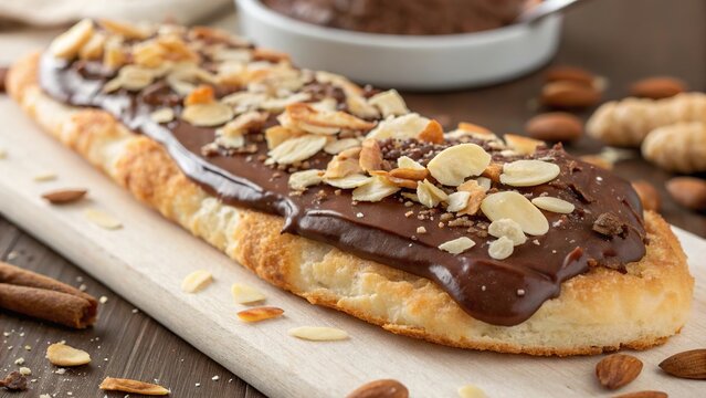 Delicious beavertail dessert topped with chocolate and crunchy almonds enjoyed at a cozy cafe