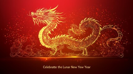 Stunning Golden Dragon Illustration on Red Background Celebrating the Vibrant Festivities of Lunar New Year with Ornate Patterns and Sparkling Details