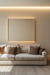 A minimalist living room featuring a blank space above a neutral-toned sofa, with warm, soft lighting highlighting the area. 