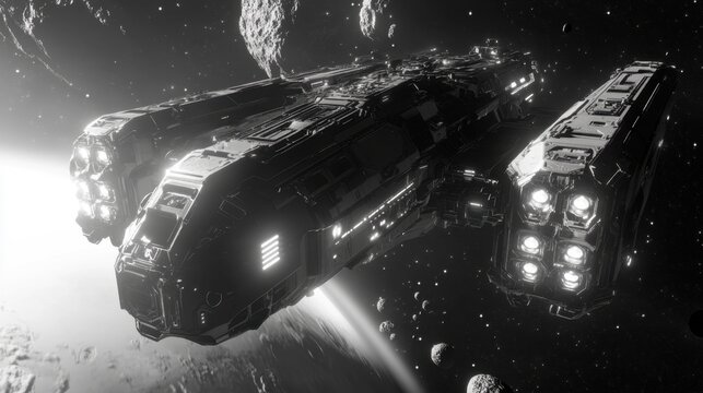 Exploration of imposing asteroids near a distant world with a futuristic spaceship navigating through a cosmic landscape