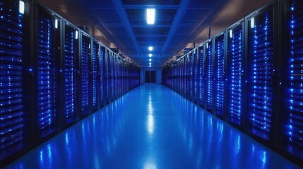 Data center servers glowing blue, network infrastructure, high-tech facility, technology