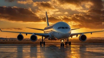 Obraz premium Ready for departure, sleek and powerful airplane stands poised on airport runway, its engines humming with anticipation, as warm glow of sunrise bathes scene in a golden light, offering a breathtaking