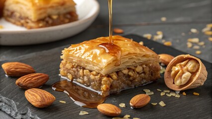 Delightful baklava with golden syrup cascading over layers of flaky pastry and nuts