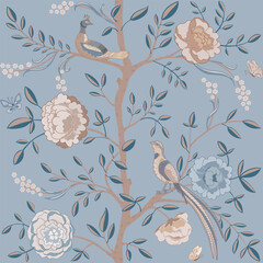 Chinoiserie style floral seamless pattern on blue background.