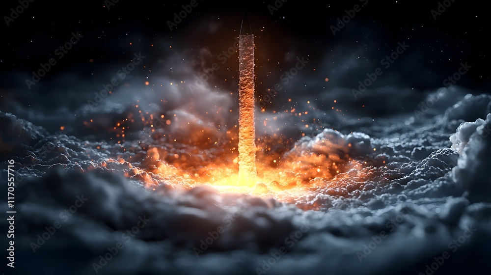 Poster quantum computing visualization of rocket launch momentum conservation showing the intricate interac