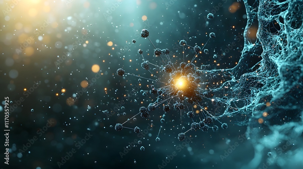 Poster quantum computing visual displaying the transfer of momentum in an explosion with particles moving a