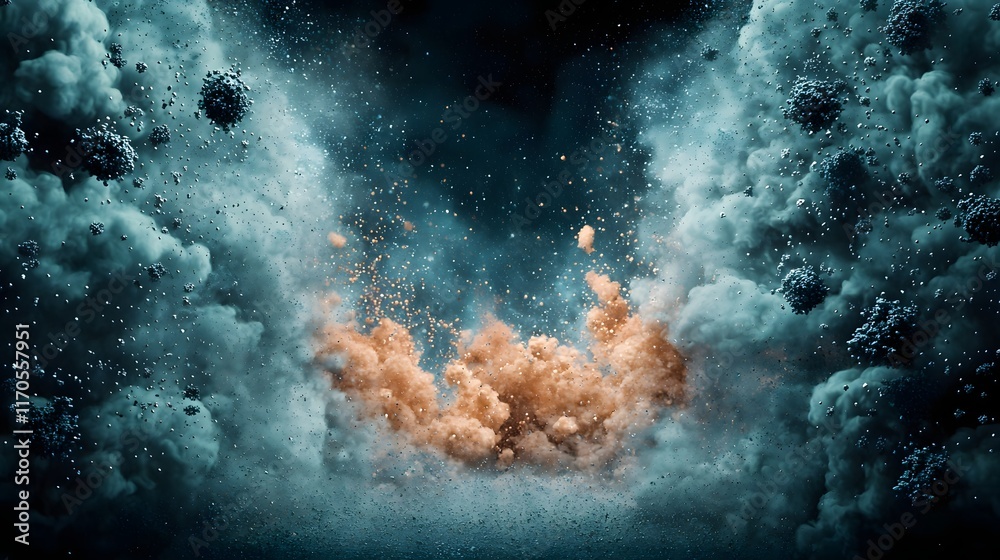 Poster quantum computing displaying the transfer of momentum in an explosion showing particles moving apart