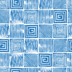 Seamless blue square pattern in block print style.