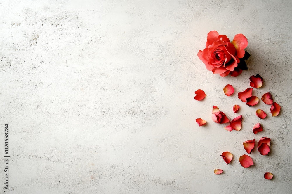 Aufkleber a single rose rests on a white textured surface, surrounded by scattered pink petals, creating a rom
