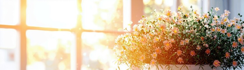 Fototapeta premium Bright and Cheerful Flowering Plant by a Sunlit Window Creating a Warm Atmosphere for Home Interior Decor with Glowing Light Effects