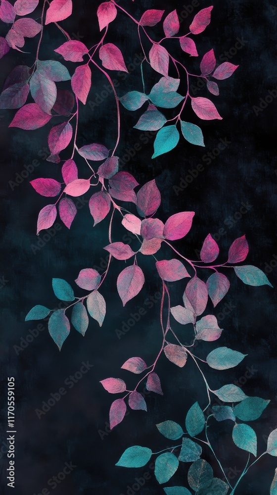 Poster Branches with iridescent leaves contrast against a dark background creating a vibrant visual effect