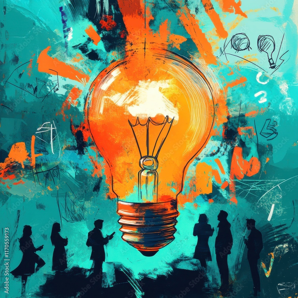Poster mixed media illustration featuring a glowing light bulb surrounded by abstract figures and bright co