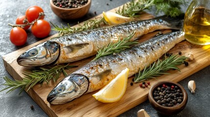 Two fresh sea bass with rosemary, lemon, and tomatoes on a rustic cutting board, perfect for culinary art, recipe blogs, and food styling.