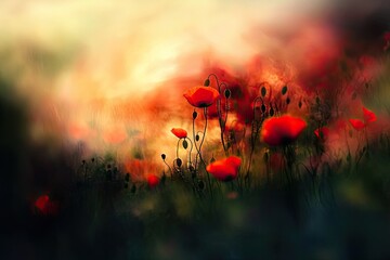 Obraz premium Beautiful field of red poppies in the sunset soft light.