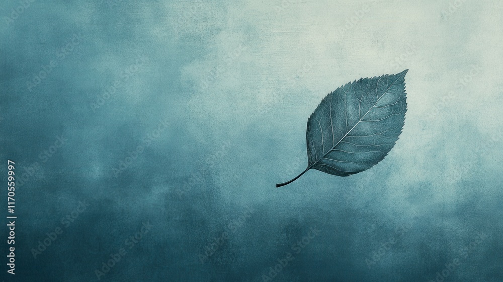 Aufkleber silhouette of a single leaf floating against a tranquil blue background in a serene and abstract set
