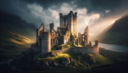 Fototapeta premium Ruined medieval castle overgrown with ivy, set against a dramatic sunset sky, surrounded by a serene, scenic landscape