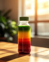 Vibrant layered rainbow juice bottle on sunlit wooden table