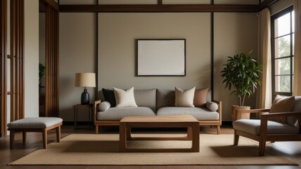 Fototapeta premium A modern living room featuring a sleek gray sofa, wooden accents, and abundant natural light. A serene plant and simple decor contribute to a calming atmosphere