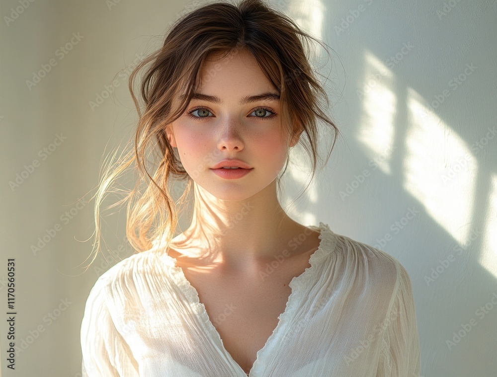 Wall mural Serene Portrait of a Woman in White Blouse with Gentle Morning Light and Ethereal Shadows