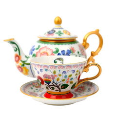 A teapot and teapot are on a saucer with a floral pattern.