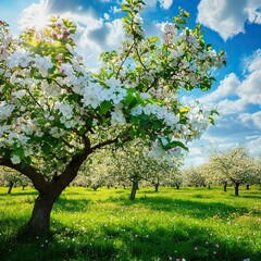 Naklejka premium Beautiful nature with a blooming tree on a sunny day. Spring flowers. Beautiful orchard in spring
