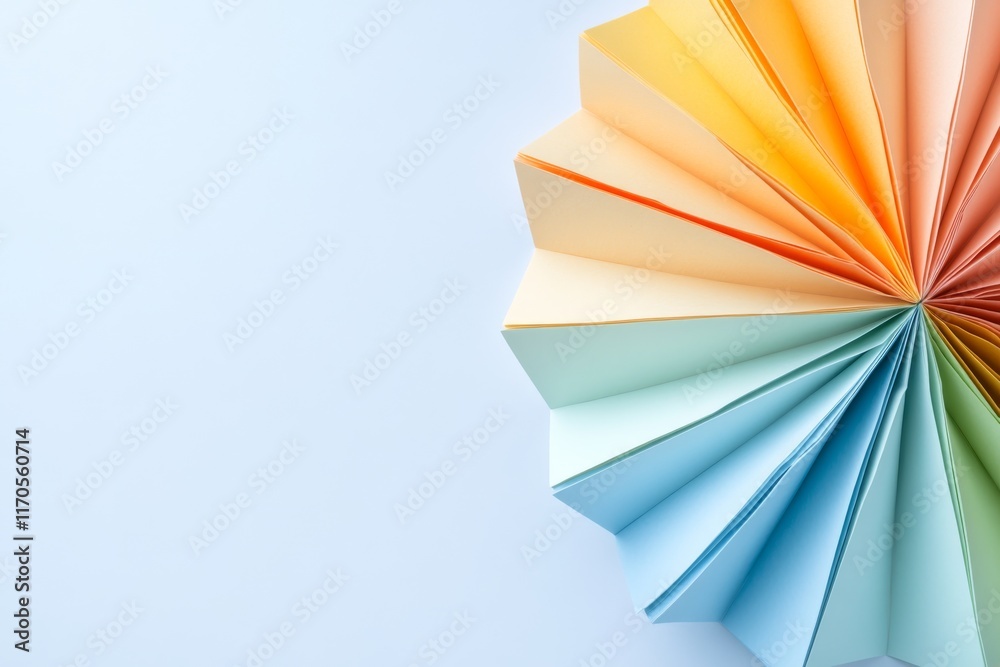 Poster Single flower made from folded pastel paper rests on a smooth white surface, showcasing subtle shadows and ample copy space for creative use