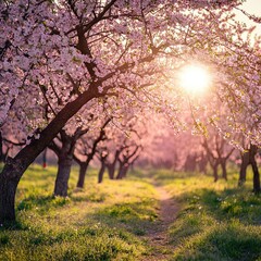 Fototapeta premium Beautiful nature with a blooming tree on a sunny day. Spring flowers. Beautiful orchard in spring