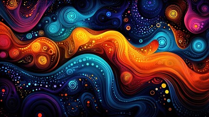 Vibrant Abstract Dotwork Design with Swirling Patterns and Circles Inspired by Psychedelic Art