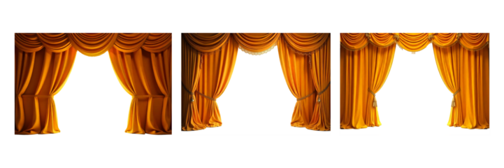 set of golden theater curtains isolated on white background for stage decoration