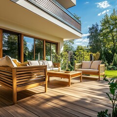 Beautiful wooden terrace with garden furniture surrounded by greenery on a warm spring day