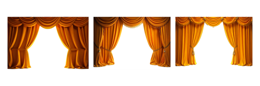 set of golden theater curtains isolated on white background for stage decoration