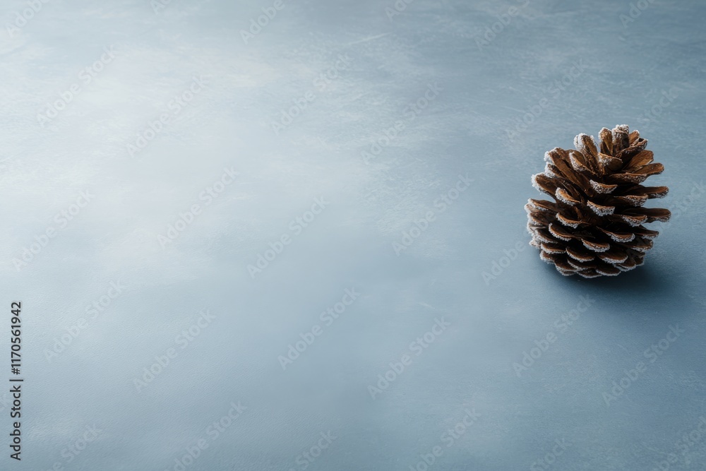 Fototapete Frosted details accentuate a single pine cone resting on a light blue gradient surface, creating a serene and minimalist composition with clear space for text