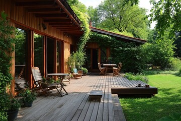 Beautiful wooden terrace with garden furniture surrounded by greenery on a warm spring day