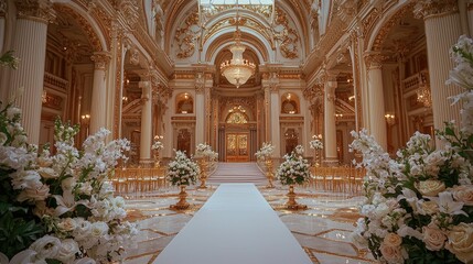 Grand opulent palace wedding ceremony setup.