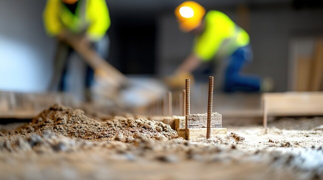Construction workers pouring concrete at building site with focus