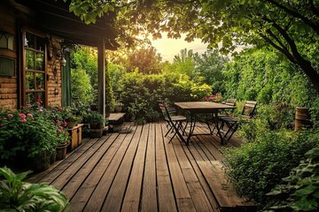 Obraz premium Beautiful wooden terrace with garden furniture surrounded by greenery on a warm spring day