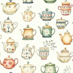 Whimsical watercolor doodle of teapots with various floral patterns and colors in a charming design