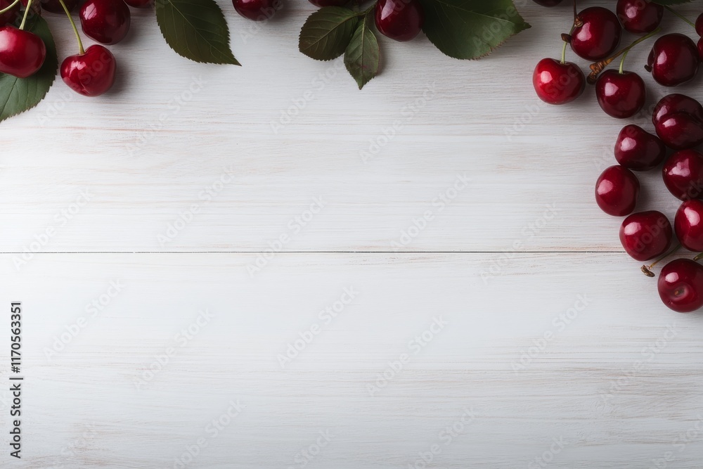 Poster a circular display of glossy cherries and fresh leaves is arranged neatly on a white wooden surface,
