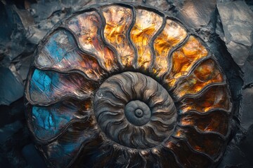 A mesmerizing ammonite fossil, iridescent with vibrant hues of blue, orange, and gold, embedded in dark stone.