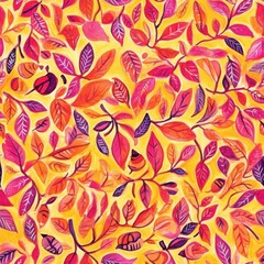 Whimsical watercolor doodle in vibrant hues of pink and orange showcasing detailed leaf patterns against a bright yellow background