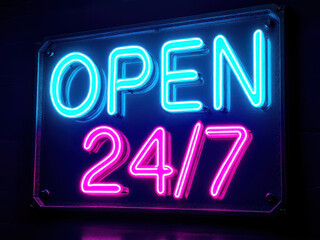 Neon sign glowing "open 24/7" in blue and pink colors for business concept