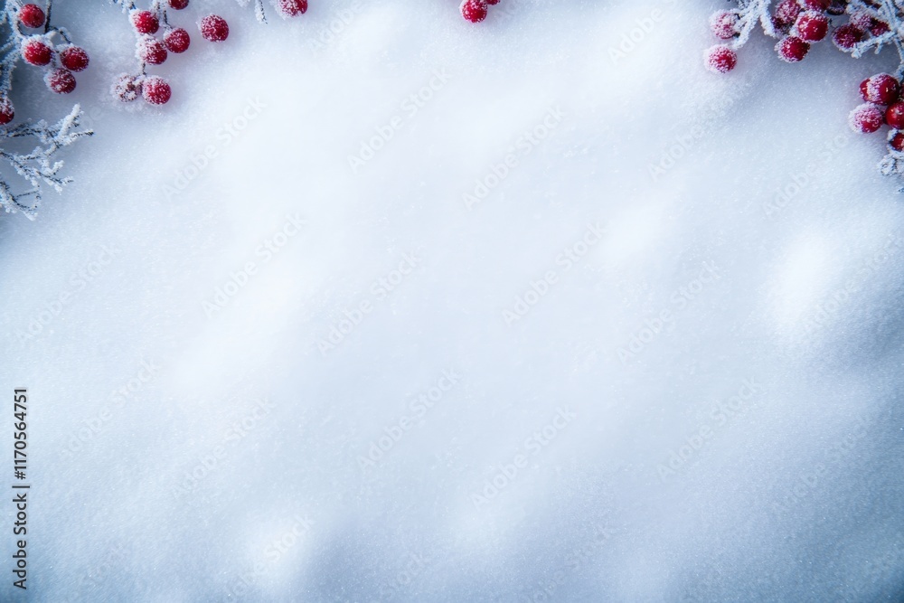 Poster Top-down view features a snow-dusted wooden frame adorned with frosty red berries and evergreen branches, providing ample blank space for creative text or design