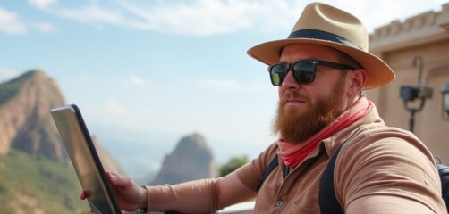 Fototapeta premium Clad in a stylish hat and sunglasses, a bearded man focuses on his laptop, blending work and nature amid stunning mountain vistas during a bright, clear day