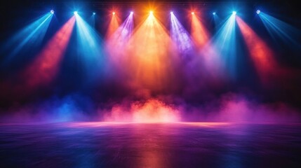 Dramatic Stage Lighting with Blue and Purple Spotlights Creating Hazy Glow Anticipating Performance in Vibrant Event Atmosphere