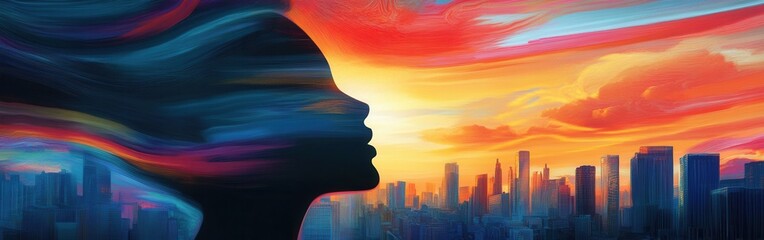 Fototapeta premium Vibrant silhouette against a colorful sunrise over a bustling city skyline