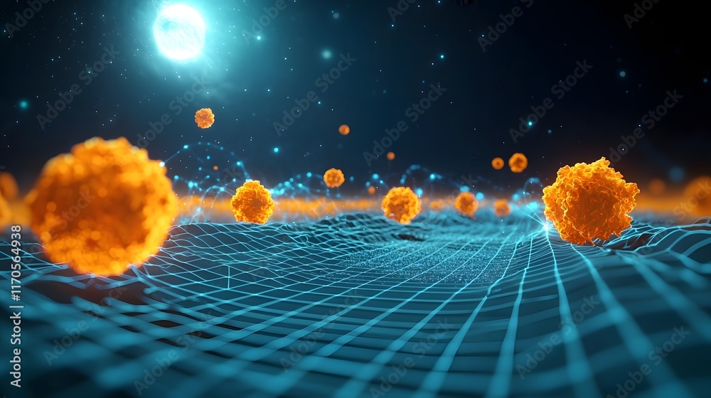 Poster quantum computing simulation depicting the gravitational interactions between multiple celestial bod